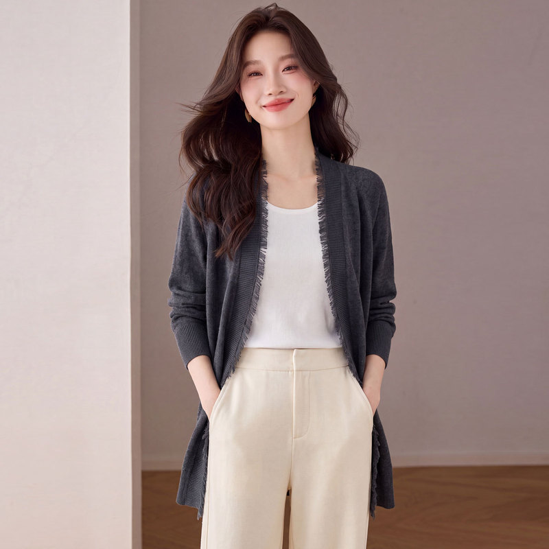 Fashionable Genuine Autumn and Winter Lazy Style Loose-Fitting Mid-Length Cashmere Knitted Cardigan with Tassels Sweater Coat for Women