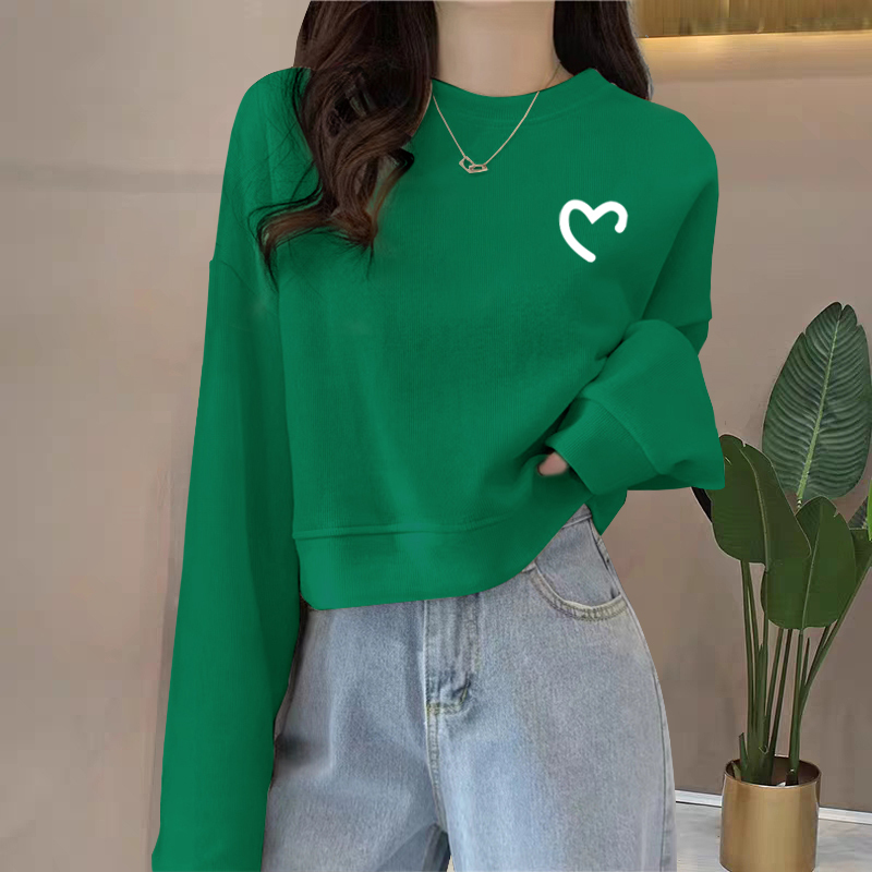 Green Spring, Autumn, and Winter Fleece-Lined Thick Round-Neck High-Waisted Short Sweatshirt for Petite Women, No Hood, Regular Shoulder, Thin Style