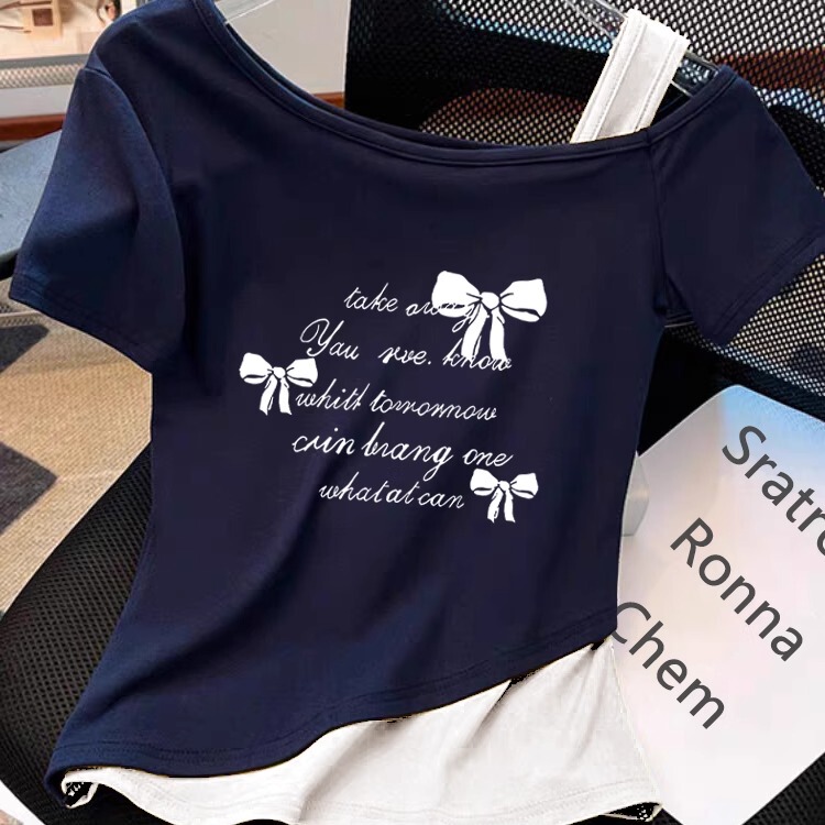 Korean Style Color-Blocked Fake Two-Piece Off-Shoulder Short-Sleeve T-Shirt for Women, Summer 2026 New Design, Stylish Asymmetrical Shoulder Top