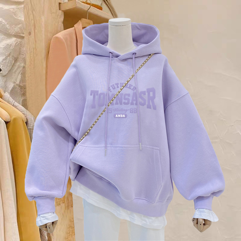 European Style Purple Hooded Sweatshirt for Women 2026 Autumn and Winter New Loose Casual Style Age-Reducing Fleece-Lined Thickened Jacket Trendy