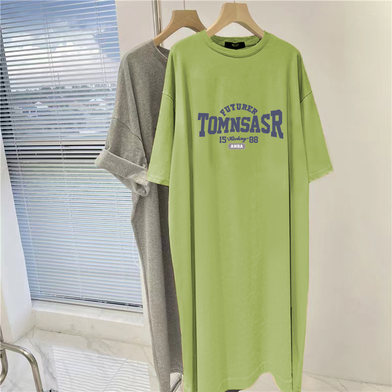 Avocado Green New Pure Cotton T-Shirt Dress for Women, Long Korean Style Loose High-End Short-Sleeved Fashion Dress for Summer