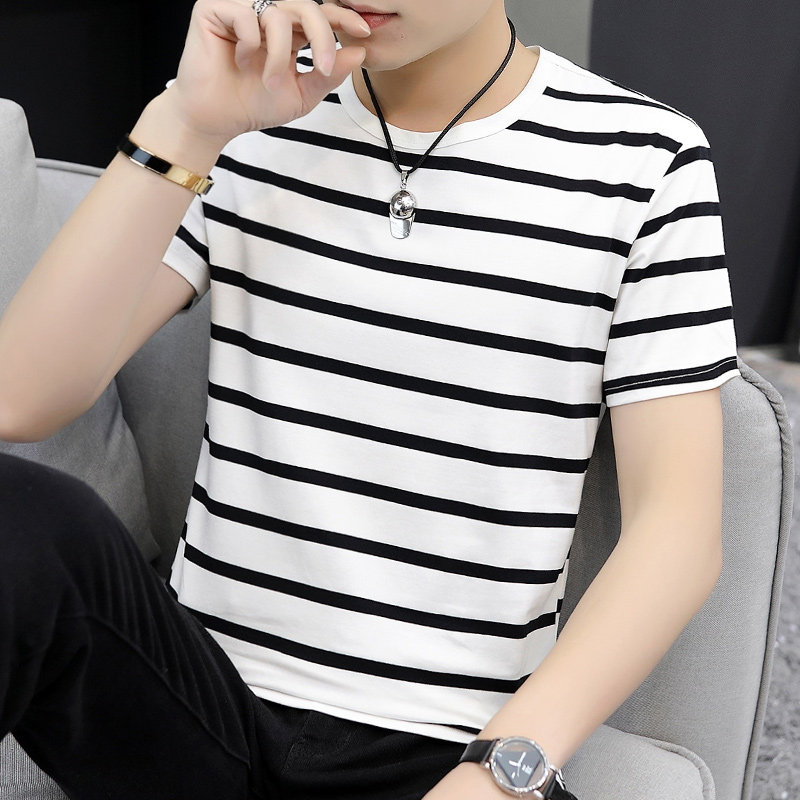 Striped short-sleeved t-shirt men's cotton summer 2022 new trend round neck thin section men's half-sleeved bottoming shirt top