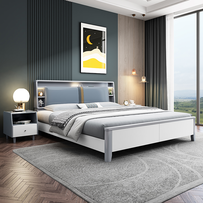 Bed modern minimalist solid wood bed Nordic home double bed master bedroom light luxury bed white high box storage bed homestay bed