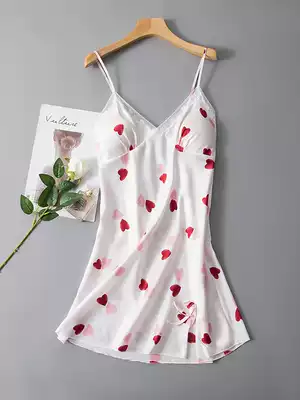 Sling Nightdress Women 2021 Summer New Pajamas Women Ice Silk Thin Sexual Belt Chest Pad Girl Cute Spring and Autumn Korean Edition