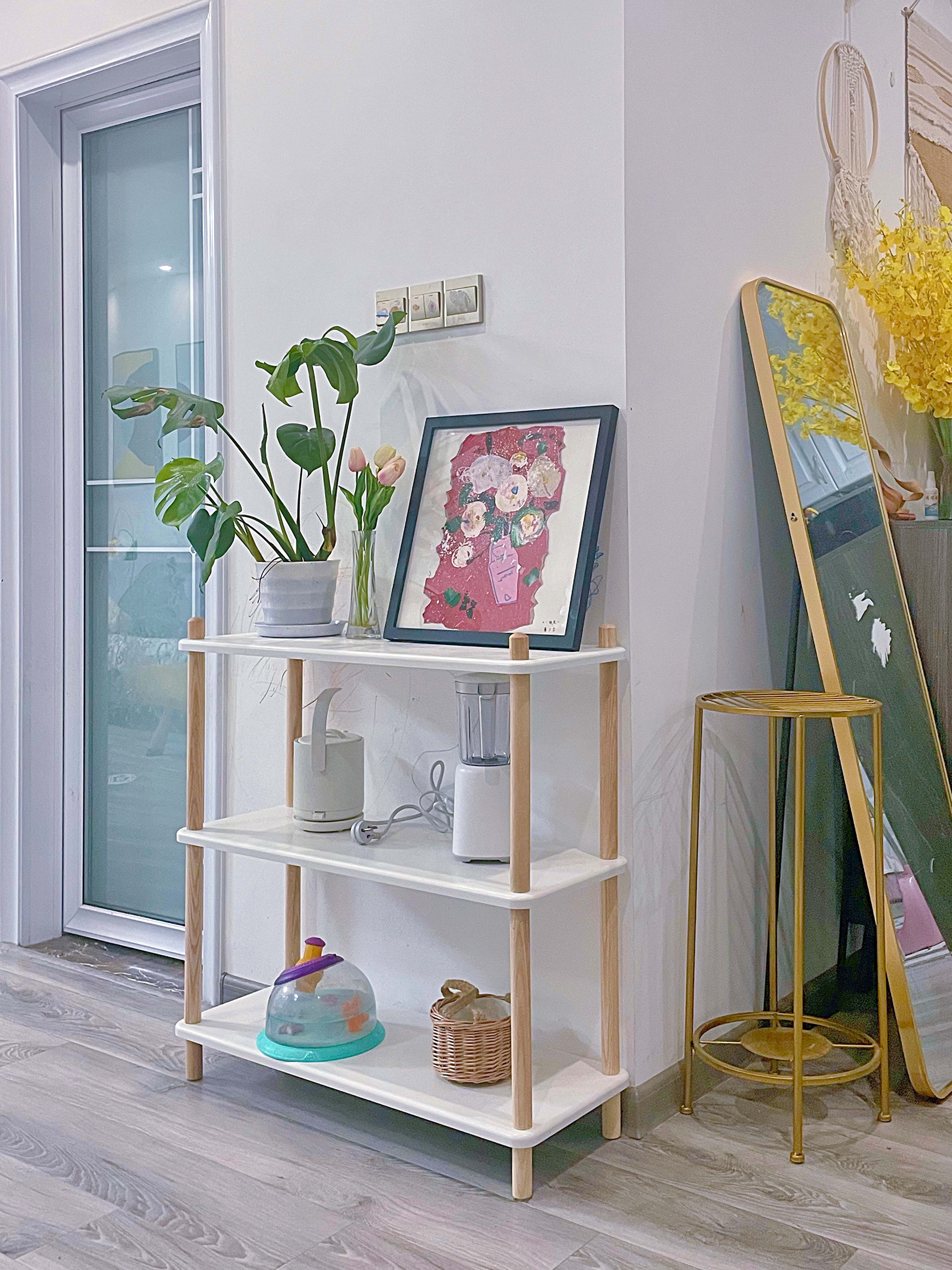 Pinhejia white bookshelf rack solid wood partition log color living room display rack kitchen floor storage shelf