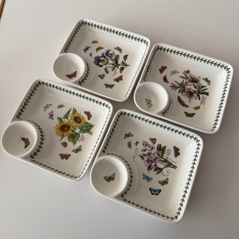 Portmeirion Dumpling Plate with Vinegar Compartment, Divided Plate, Fried Chicken, French Fries, Seafood Dipping Sauce Plate