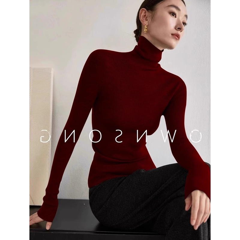 Burgundy Turtleneck Knit Top for Women, Autumn and Winter, High-End Feel, Slim Fit Sweater, Flattering Top