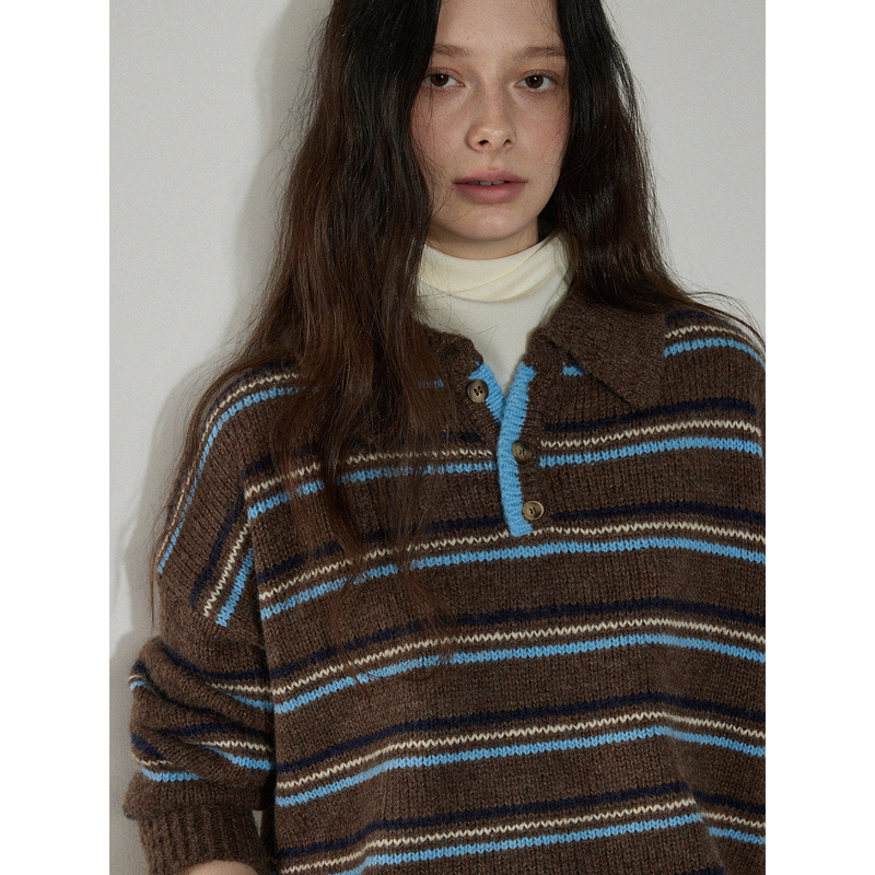 Meilade Retro Brown Polo Collar Knitted Sweater for Women, Autumn and Winter Style, High-End Color-Blocking, Loose and Soft Base Shirt Meilade Retro Brown Polo Collar Knitted Sweater for Women, Autumn and Winter Style, High-End Color-Blocking, Loose and Soft Base Shirt