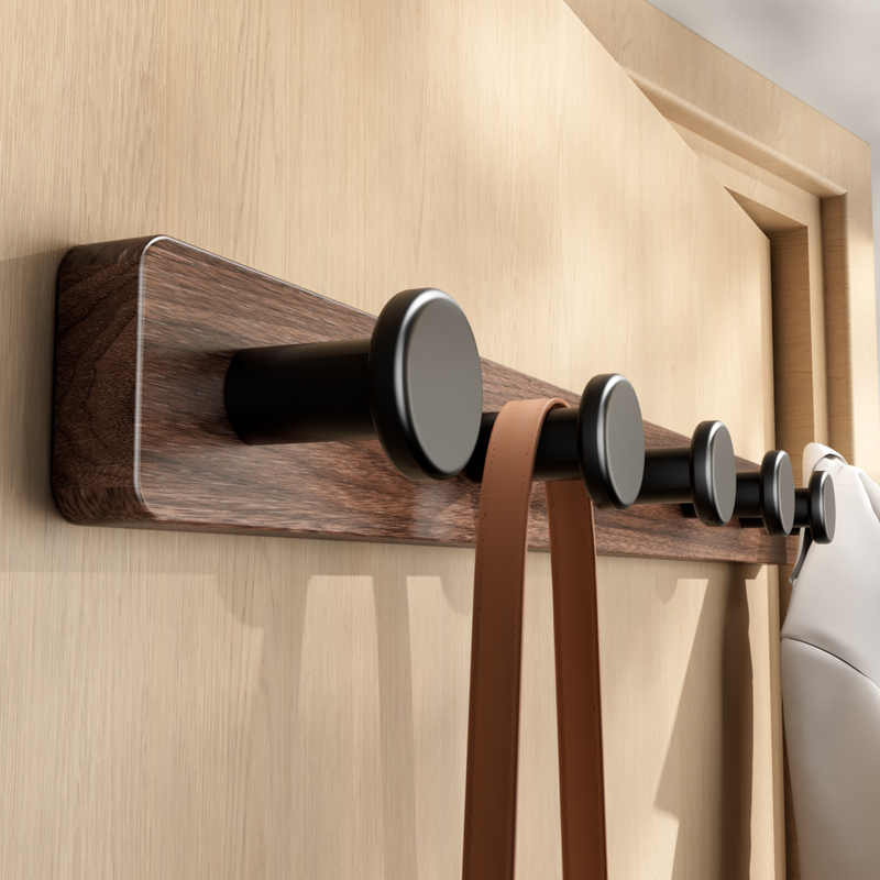 Walnut Wood Hooks, No-Drill Installation, Suitable for Fitting Rooms, Entryways, and Wardrobes, a Row of Wall-Mounted Clothes and Hat Hooks Walnut Wood Hooks, No-Drill Installation, Suitable for Fitting Rooms, Entryways, and Wardrobes, a Row of Wall-Mounted Clothes and Hat Hooks