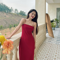 Lin Guanguan 2022 new womens summer temperament slim fit and thin red mid-length suspender skirt sexy dress