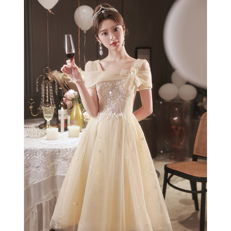 Champagne-Colored Evening Dress, New Style for Petite Women, Birthday Party, Elegant, Light Luxury, Niche, High-End, Hostess, Princess Dress for Women