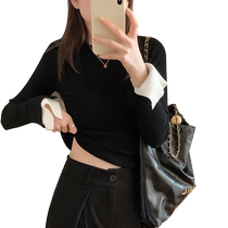 Korean style niche splicing slit bell sleeve sweater for women autumn and winter new elastic slim inner base layer top