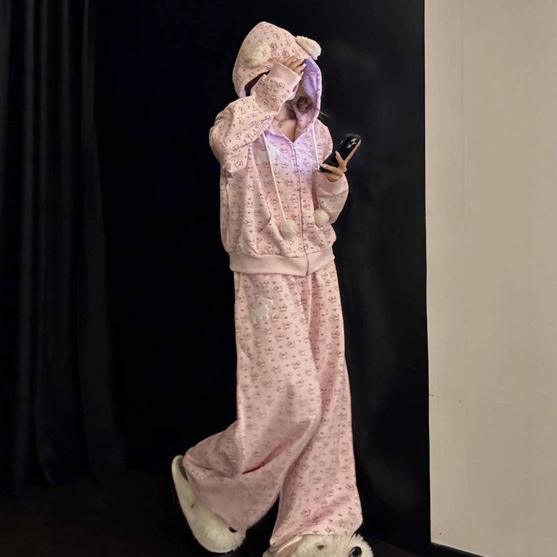 Sweet and Cute Style Puppy Print Casual Suit for Women, Spring and Autumn Plush Puppy Ear Jacket and Wide-Leg Pants Two-Piece Set