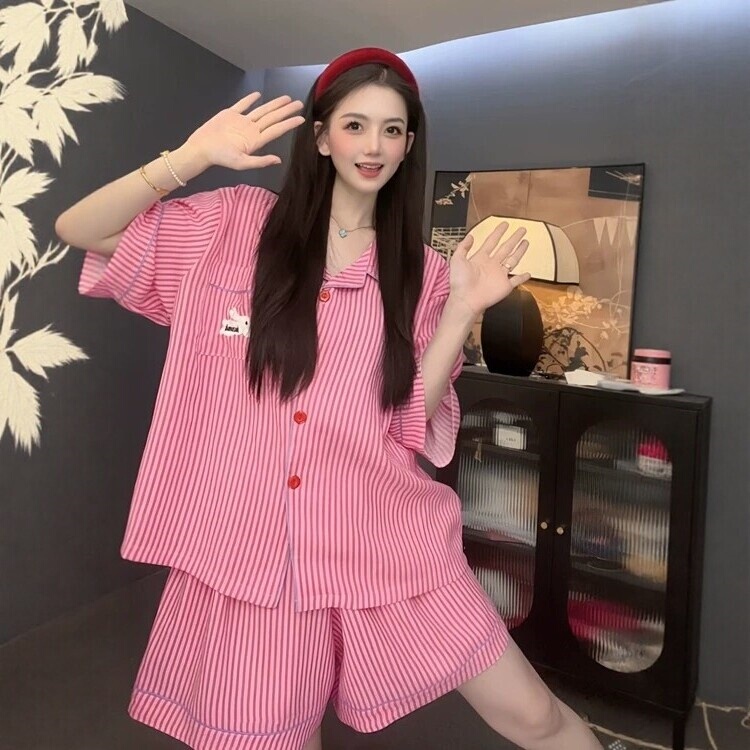[Raspberry Jam] Cloud Cotton Cartoon Short-Sleeve Pajama Set for Women, Summer Thin Two-Piece Set, Can Be Worn Outside, Home Wear