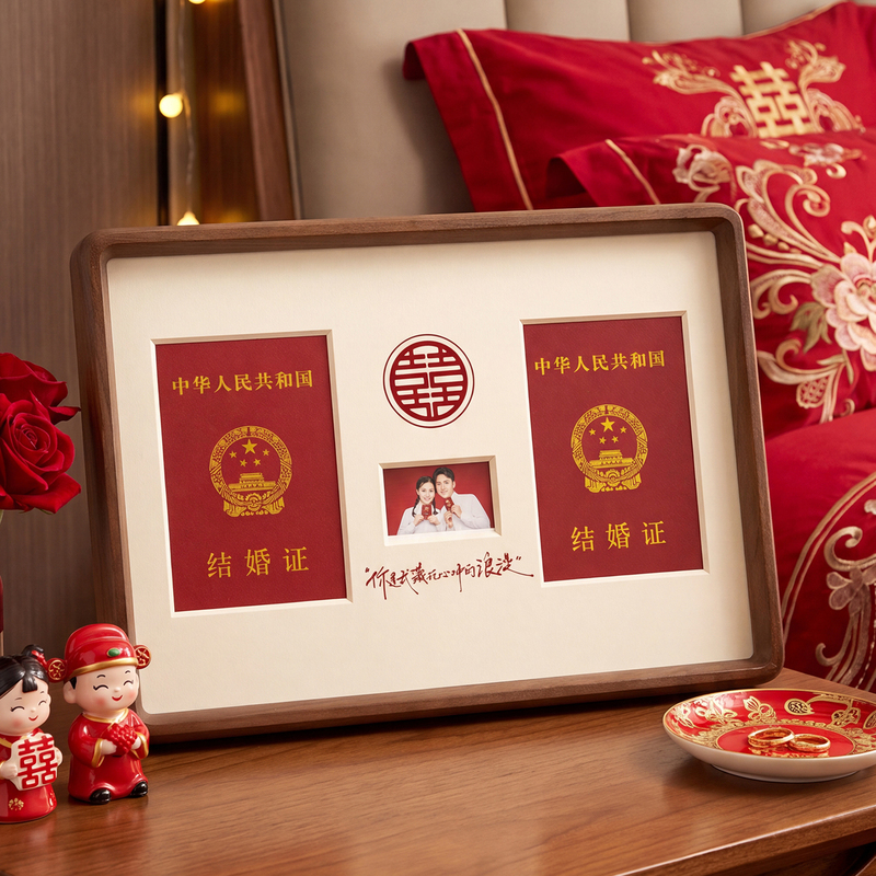 Marriage Certificate Photo Frame with Rounded Corners, Solid Wood Display Stand, Wall-Mounted, for Couples, Creative Gift for Marriage Registration and Storage