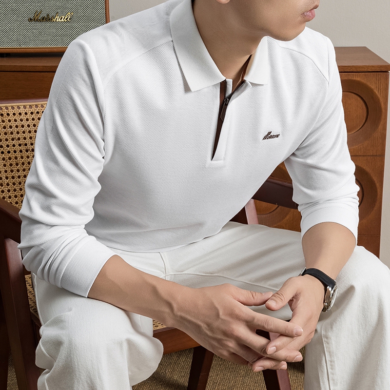 [High-Quality Pure Cotton] 2026 New Autumn Men's Long-Sleeved Polo Shirt with Lapel, Business Casual Half-Zip Top