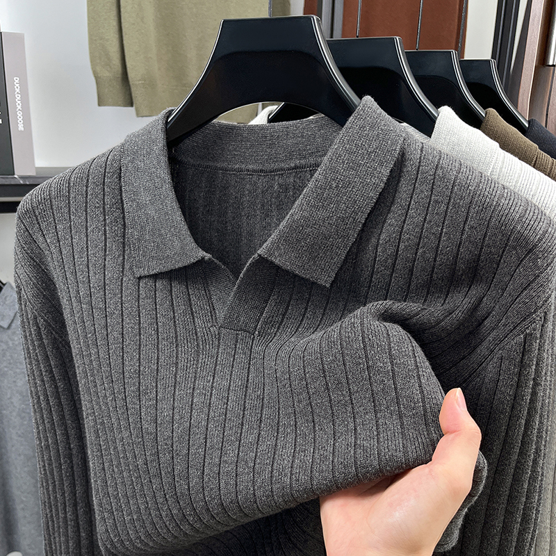 [100% Pure Cotton] Winter Men's High-End Polo Shirt with a Collar, Casual, Warm, Long-Sleeved T-Shirt, Knitted Thick Sweater