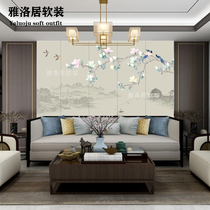 New Chinese style bedside embroidery hard bag background wall bedroom wainscot wood veneer living room TV sofa single embroidered wall covering