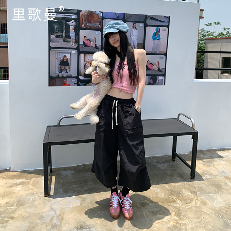 Ligeman Black American-Style Cargo Pants for Women, 2026 Spring New Thin Elastic Waist Drawstring Cropped Casual Pants