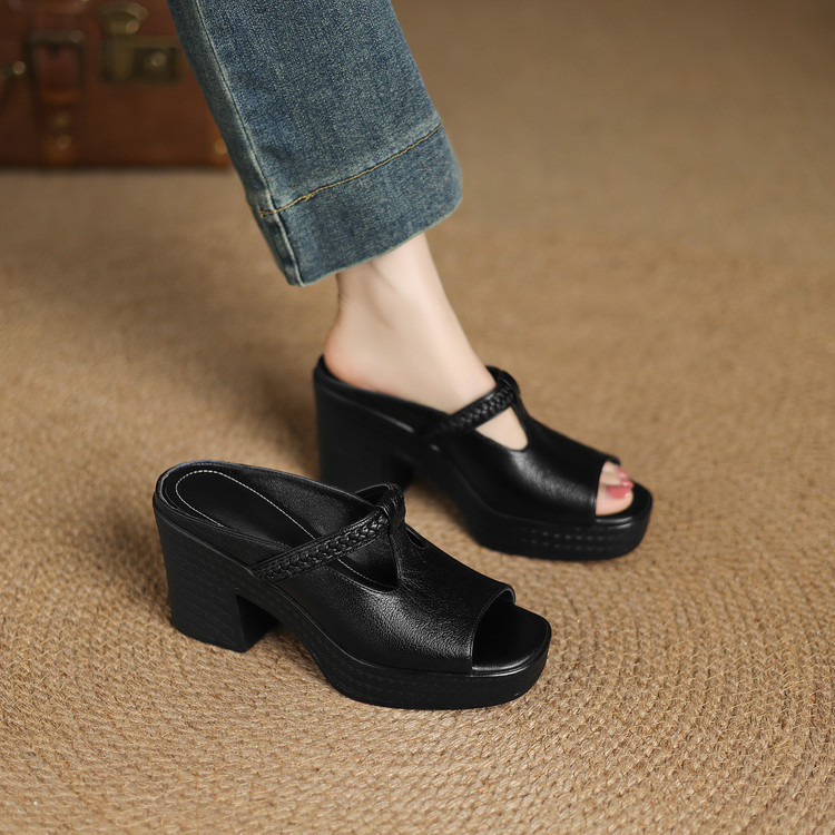 Italian Raraente~! French-Style Genuine Leather Slip-On Women's Shoes, Summer Thick-Soled Height-Increasing Chunky Heel Sandals with Waterproof Platform