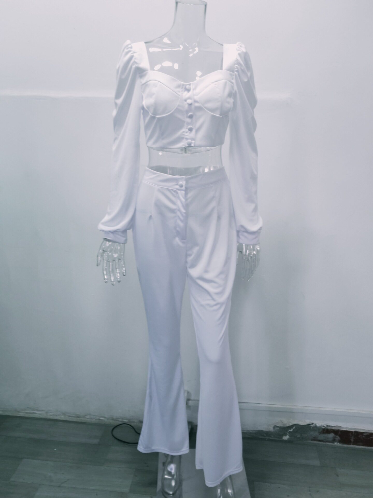 Стильные костюмы women court style lantern sleeve jacket flared trousers suit
