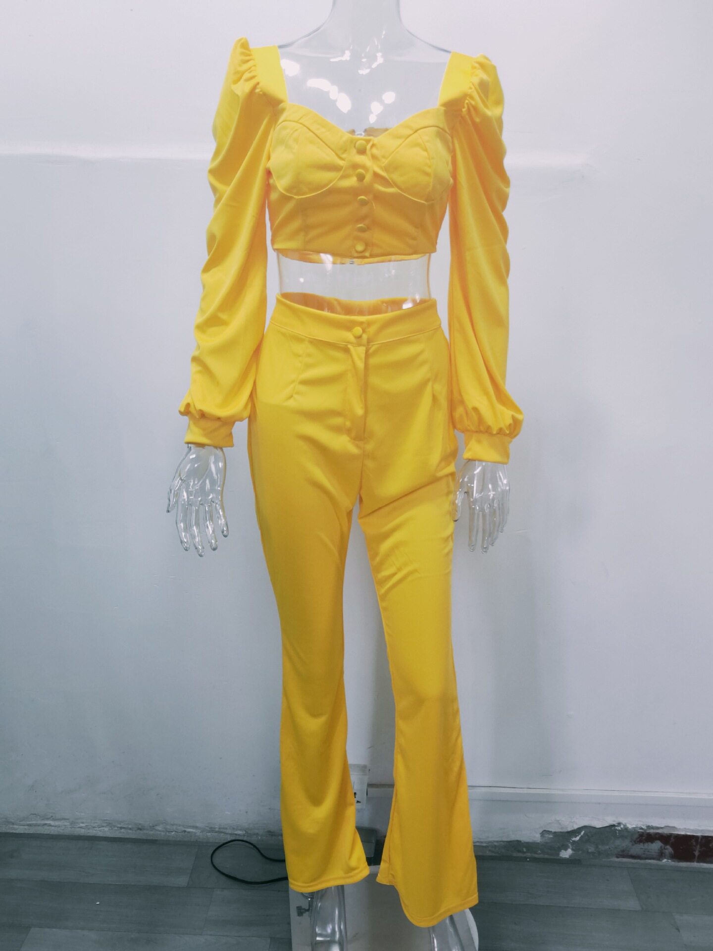 Стильные костюмы women court style lantern sleeve jacket flared trousers suit