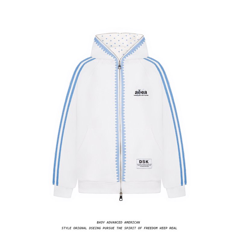 Bkoy Retro Polka Dot Striped Three-Stripe Zipper Jacket for Men and Women, Loose Casual Embroidered Letter Cardigan Hooded Sweatshirt