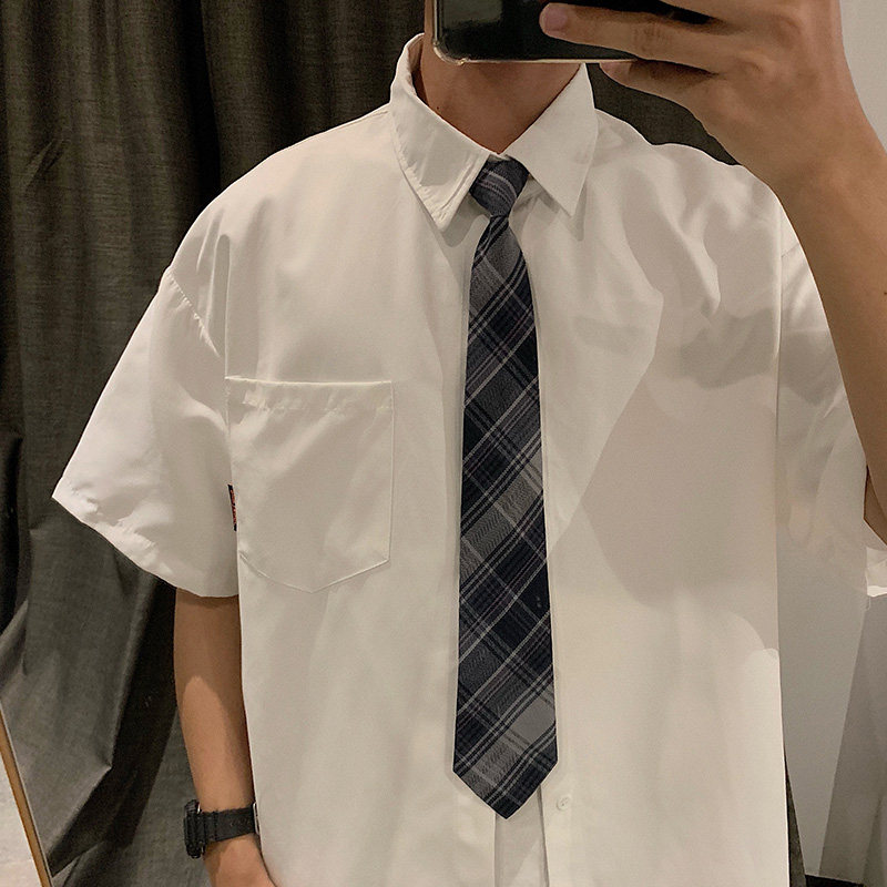 Tie men's trendy Japanese casual basic white shirt short-sleeved female college style couple graduation class uniform long-sleeved shirt