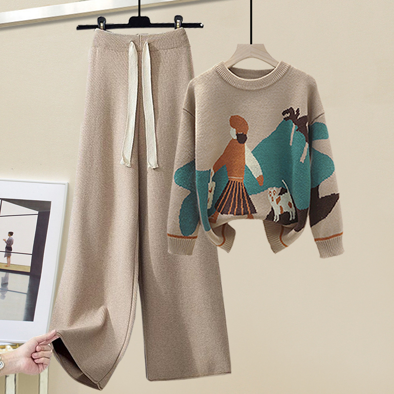Winter Outfit for Women, a Complete Tea-Style Outfit, a Stylish Sweater, Knitted Wide-Leg Pants, a Soft and Fluffy Style Suit for Autumn Winter Outfit for Women, a Complete Tea-Style Outfit, a Stylish Sweater, Knitted Wide-Leg Pants, a Soft and Fluffy Style Suit for Autumn