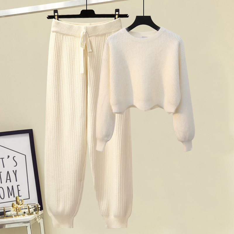Chanel-Style Set, Korean Version, Elegant Short Long-Sleeved Knit Top for Women, High-Waisted Slimming Jogger Pants, Autumn Two-Piece Set