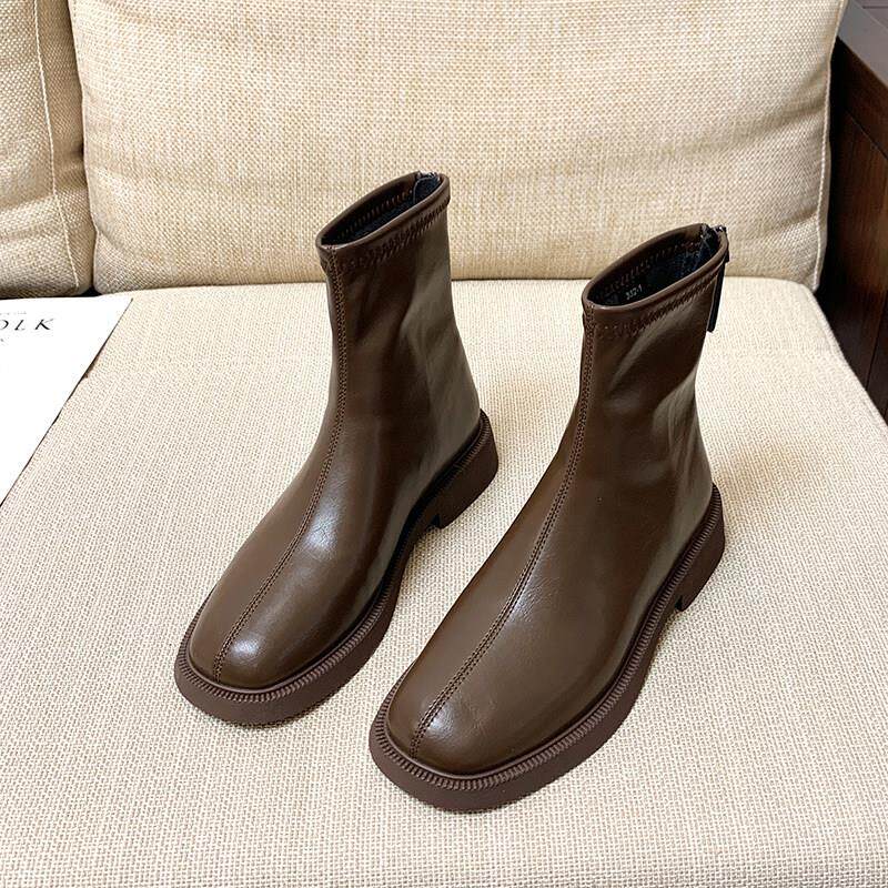 Brown coarse heel short boots woman 2023 autumn winter new Korean version square head flat bottom plus suede slim Martin boot genuine leather single boot-Taobao
