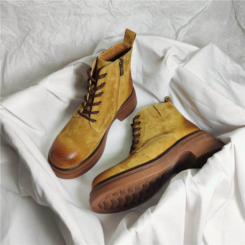 Retro round head 2023 autumn winter new plus suede lacing side zipped thick bottom coarse heel Martin boots women genuine leather short boots-Taobao