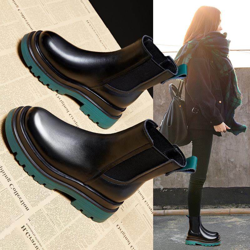 Genuine leather Inn wind thick bottom Martin boots woman 2023 autumn winter new smoke pipe boots round head plus suede short boots-Taobao