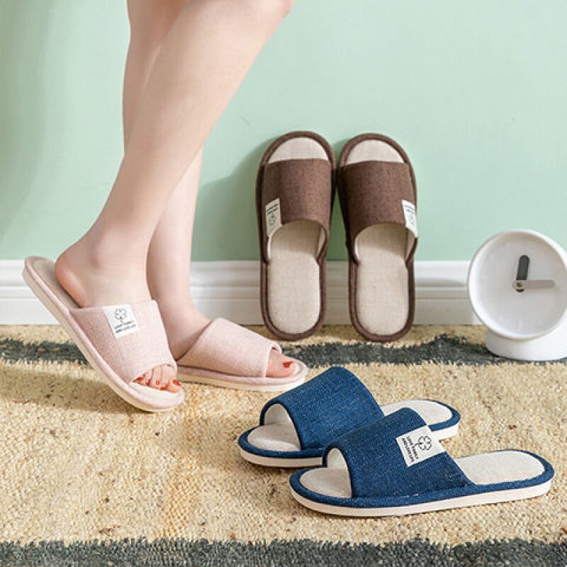 2 pairs of slippers female spring and autumn cotton linen indoor home household four seasons couple fabric floor male summer non-slip