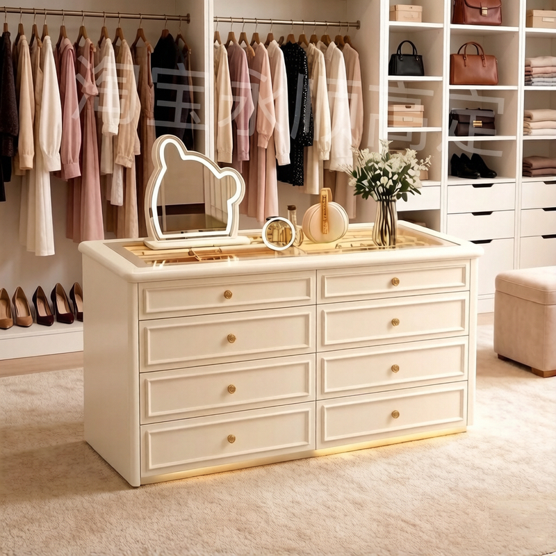2026 Model Walk-In Closet Floor-Standing Island Cabinet, Solid Wood Lacquered French-Style Jewelry Display Cabinet with Drawer-Style Storage Cabinet