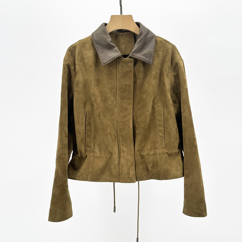 2026 Autumn New Style Maillard Brown Haining Genuine Leather Short Jacket for Women, Suede Goat Leather Coat