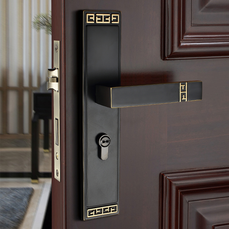 New Chinese style door lock all copper antique household universal indoor bedroom silent room door lock pure copper wood door handle