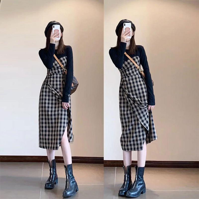 New bottom skirt cold wind women high-temperament long sleeve European cargo splicing plate dress female autumn winter