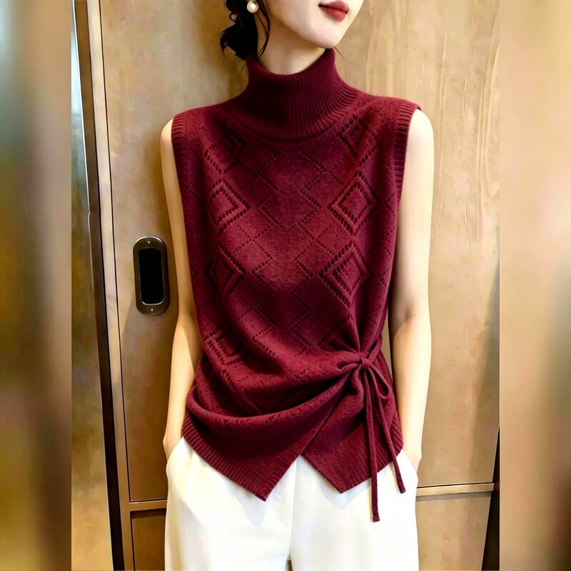 2026 Autumn Knitted Vest for Women Commuting Style High Collar Sleeveless Top Vintage Red Lace-Up Elegant Layered Vest