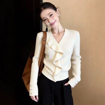 Korean-Style Light Mature Style V-Neck Ruffled White Long-Sleeve Women's Top, 2026 Spring New Slim-Fit Design