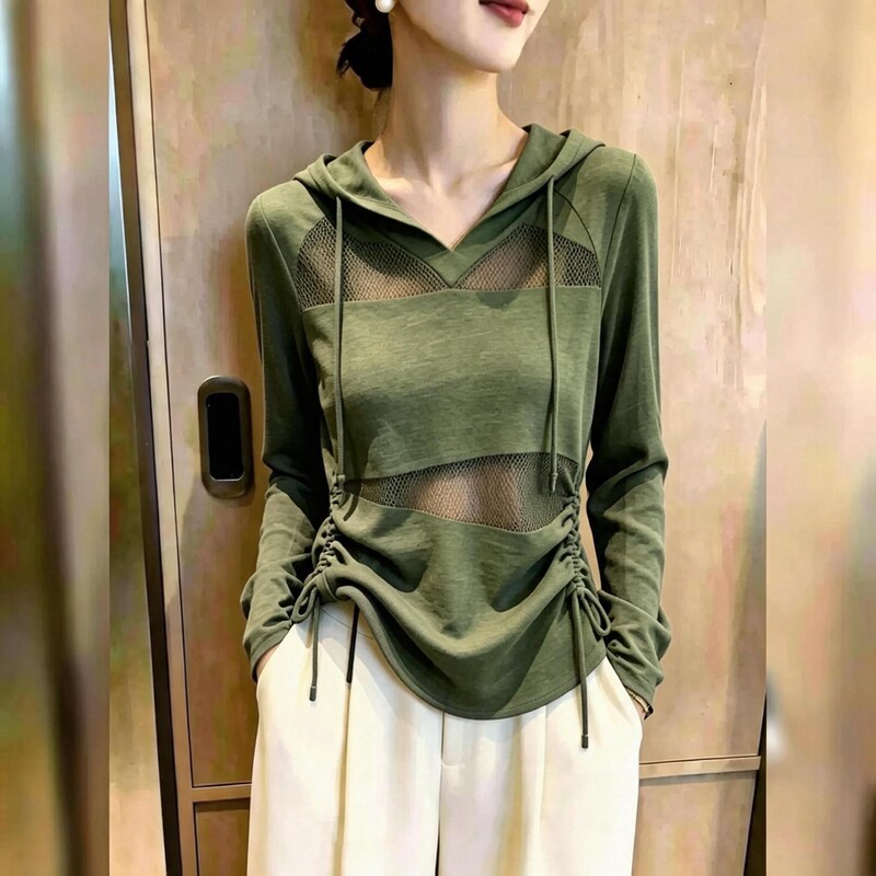 Age-Reducing and Stunning Green Hooded Top for Women with Drawstring Waist, Mesh Splicing, Super Stylish and High-End 2026 New Model