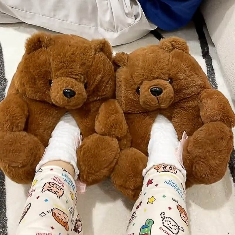 Cartoon Warm Teddy Bear Slippers, Cute Bear Cotton Shoes, Oversized Bear Indoor Home Shoes, Winter Plush Slippers