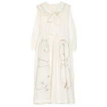 (Flower Embroidery) puretea tea silk cotton plaid dress womens bow navy collar 2024 new autumn