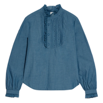 (Light ceremony) puretea tea lace fungus edge slanted shirt womens yarn-dyed washed cotton 2024 autumn new