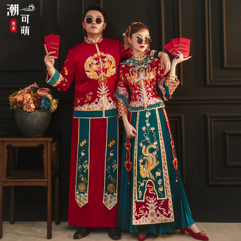 Contrasting color Xiuhe dress female bride 2022 new wedding Chinese wedding dress Fengguan Xiapi dragon and phoenix hanging wedding dress summer