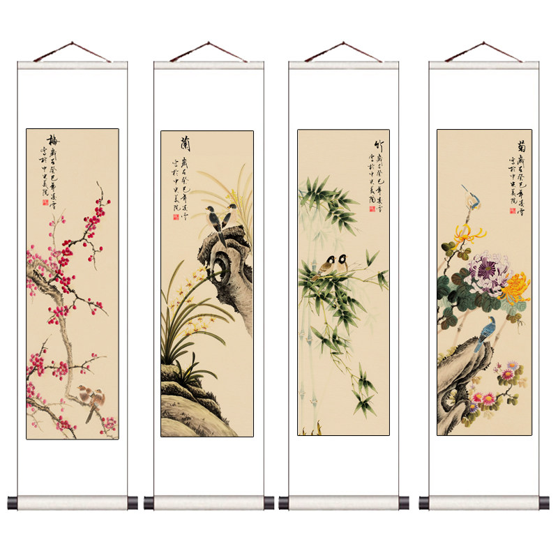 New Chinese book room Living Room Decoration Painting Four Strips of Screen Strip Country Painting Four Limeianzhu Chrysanthemum Hanging Painting Scroll Character Painting