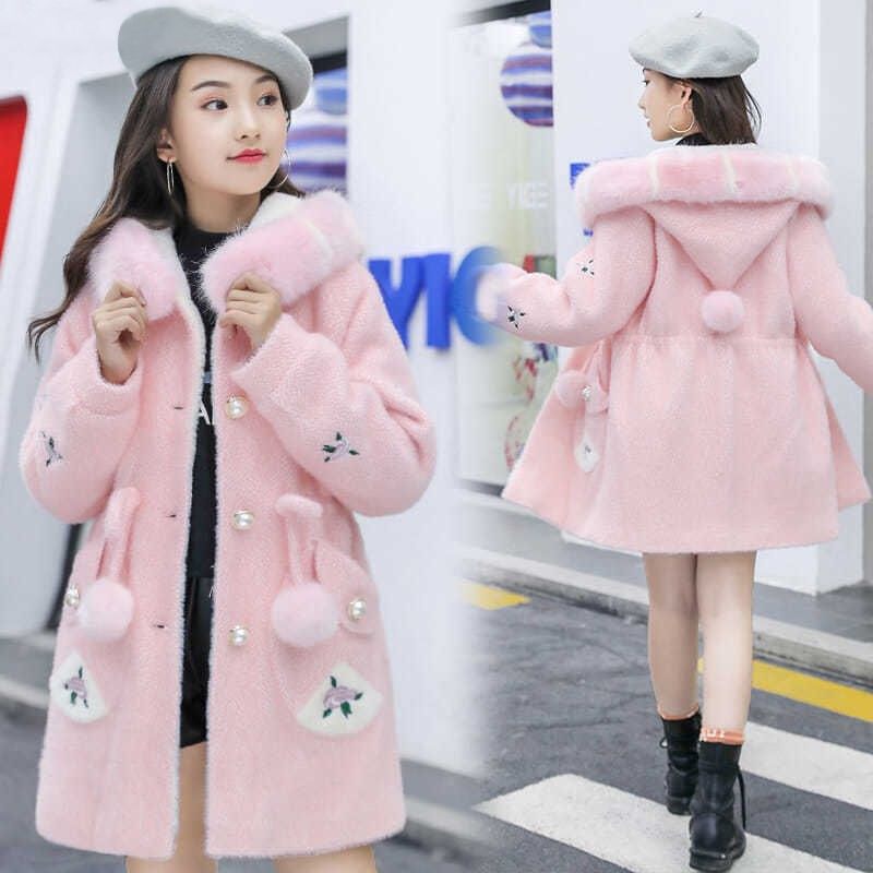 Girls' coat plus thickened hair coat 2023 new fashion in large children's cotton winter clothing tide