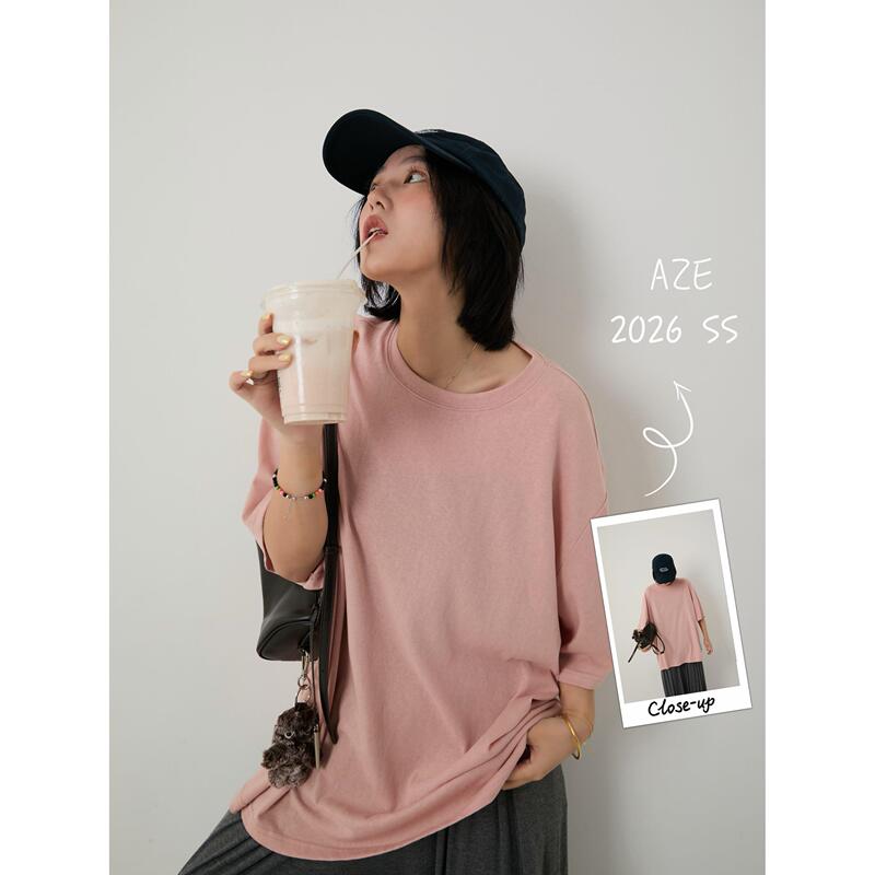 Aze Pink T-Shirt Summer Thin Lotus Pink Round Neck Cotton Blend Drop Shoulder Short Sleeve Daily Minimalist Short Sleeve T-Shirt