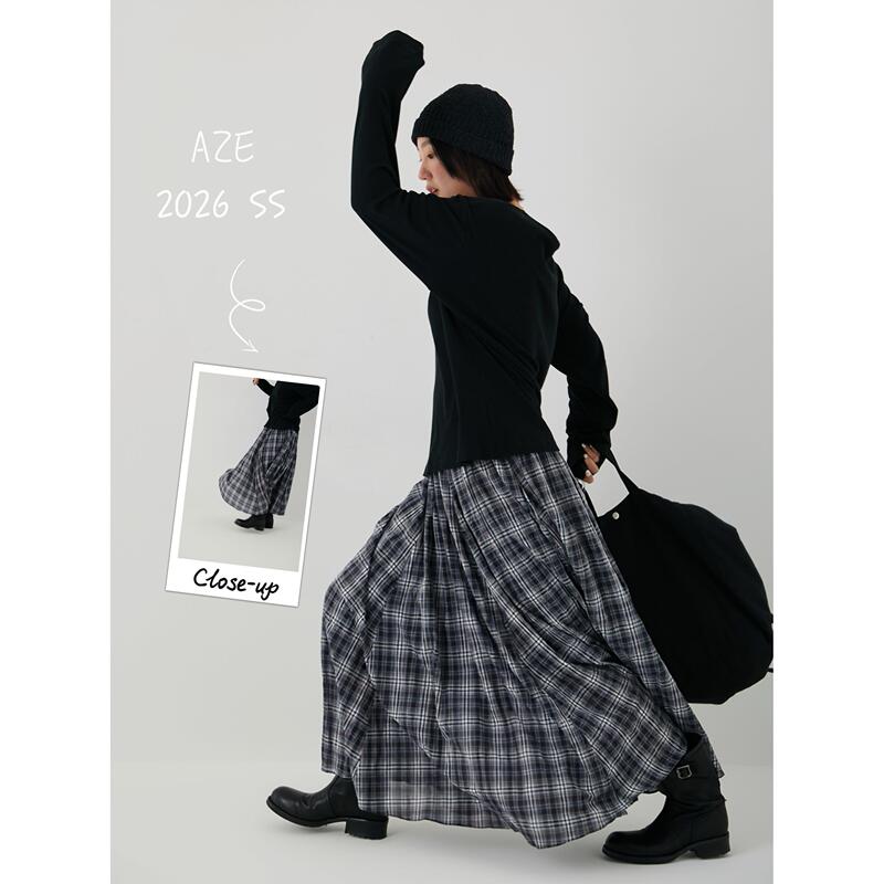 Aze Blue Plaid New Style Navy Blue Fashionable Loose Slimming Elegant Pleated Cotton Classic Retro Plaid Long Skirt Aze Blue Plaid New Style Navy Blue Fashionable Loose Slimming Elegant Pleated Cotton Classic Retro Plaid Long Skirt