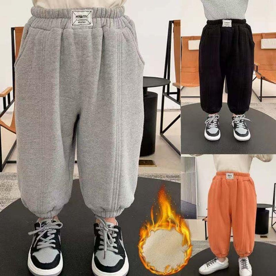 Boys' trousers plus fleece 2021 loose foreign style children's splicing integrated fleece thickened children's sports trousers with feet